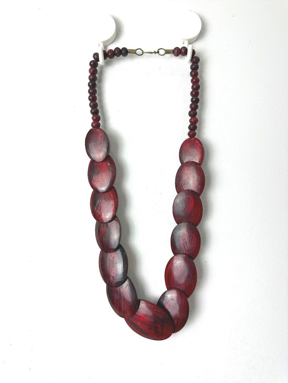 Vintage Dark Red Wooden Bead Necklace with Oval Beads
